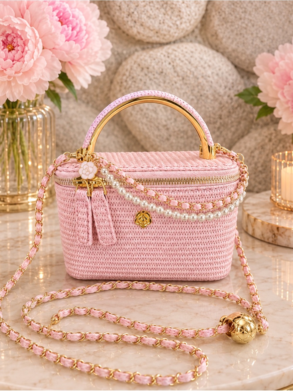 Pink Woven Top-Handle Crossbody Bag